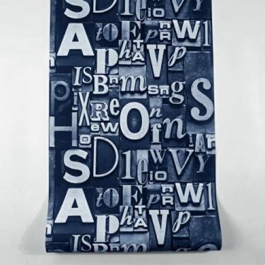 Imagem de ESSMOKO Papel de parede 3D retro letras inglesas PVC impermeável não autoadesivo barbearia restaurante bar loja de roupas fundo papel de parede azul 53 * 950 cm