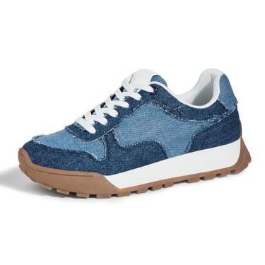 Imagem de LUCKY STEP Tênis feminino de lona plataforma casual com cadarço elegante tênis de corrida retrô clássico tênis moderno para caminhada, Jeans azul, 36