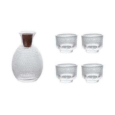 Imagem de JOEUQK Conjunto de saquê, garrafa de saquê de vidro transparente, 1 garrafa de saquê transparente, 4 copos de saquê, jarra de saquê fria/quente/quente, conjunto especial de presentes japoneses, A
