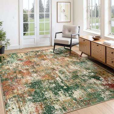 Imagem de RELEANY Tapetes laváveis 1,2 m x 1,8 m, antiderrapante, moderno, abstrato, macio para sala de estar, entrada, quarto, berçário, estampado, verde, laranja, ferrugem, vermelho, creme, colorido
