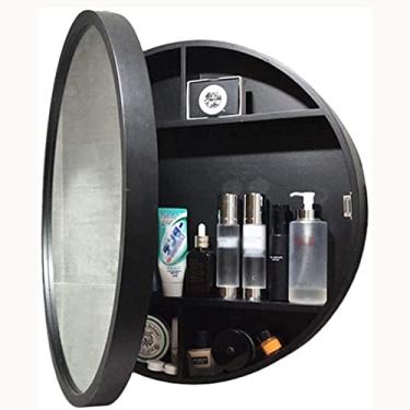 Imagem de AKALNNB Espelho de banheiro redondo com armário, espelho de maquiagem com armário de banheiro montado na parede, armário de remédios com moldura de madeira de fechamento lento de 3 níveis