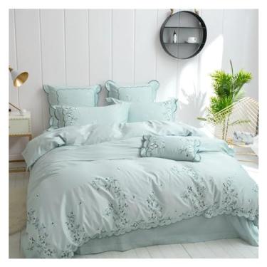 Imagem de Jogo de cama macio, verde, bordado, conjunto de edredom e roupa de cama, tamanho Queen, conjunto de lençol 4/7 peças (azul king size 7 peças)