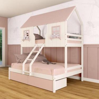 Imagem de Beliche Casal/ Solteiro Casinha Encantada com 02 Gavetas Madeira Maciç