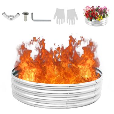 Imagem de Anel de fogueira de aço galvanizado, 159 cm, anel de fogueira de metal sem fumaça para quintal, acampamento, queima de madeira externa, canteiro de jardim elevado galvanizado redondo ao ar livre para