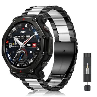 Imagem de CeiLarv Pulseira de relógio de metal para Amazfit T-Rex 3 Pro de 48 mm, pulseira de substituição de aço inoxidável lindamente polido para Amazfit T-Rex 3 Pro de 48 mm - preta e prata