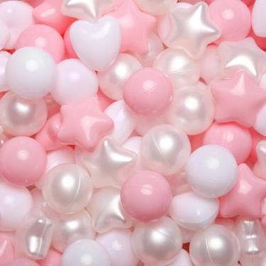 Imagem de GOGOSO Bolas de plástico para poços de bolas, formato de coração de estrelas para crianças pequenas, rosa pera branca, 200 peças