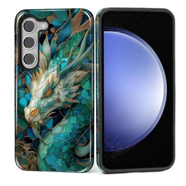 Imagem de MQJCYB Capa para Samsung Galaxy S23 Plus, híbrida, resistente, 2 em 1, proteção robusta à prova de choque, brilhante, para Samsung Galaxy S23 Plus, vitral de dragão dourado azul