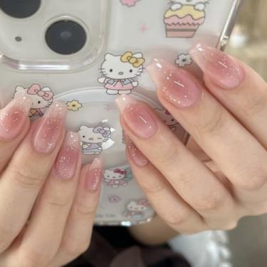 Imagem de Kit de unhas de pressão curto médio caixão ombré nude rosa branco unhas falsas com design de cor gradiente, capa completa acrílica de pressão em unha falsa para mulheres uso diário manicure casamento