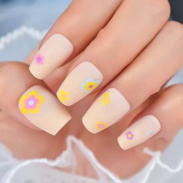 Imagem de Short Press On Nails - Balé Pequenas Unhas Falsas Margarida Verão Flor Bege, Acabamento Fosco para Festa e Diário, Reutilizável 12 Tamanhos - 24 Kit de Unhas com Abas de Cola