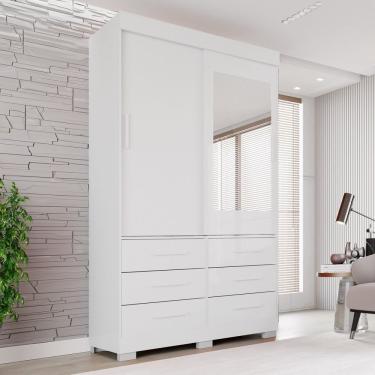 Imagem de Guarda Roupa Com Pés E Espelho 2 Portas 6 Gavetas Luana Branco