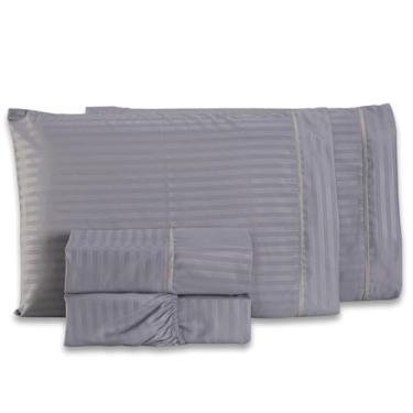 Imagem de Jogo de Cama Lençol CASAL Mônaco Fitado com Fronhas 04 Peças - Tecido Listrado Percal Soft 300 Fios Acetinado Brilhante (Cinza)