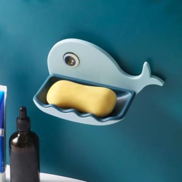 Imagem de Saboneteira não perfurada em forma de baleia, caixa de sabão de ralo de banheiro, rack de armazenamento montado na parede, mantenha as barras de sabonetes limpas a seco, azul claro
