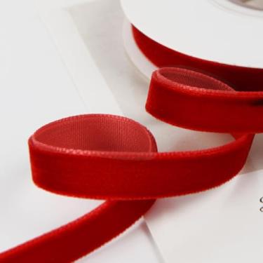 Imagem de Fita de veludo de 2,5 cm x 2,5 m com acabamento em tecido de carretel de madeira para enfeites de árvore de Natal, decoração de guirlanda de presente artesanal para casamento - vermelho