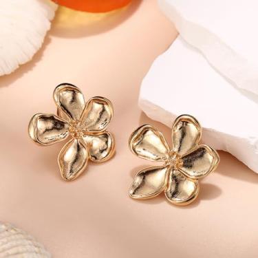 Imagem de Brincos de pressão de ouro para mulheres, modernos, brincos com pingente de flor, brincos florais, banhados a ouro 14 K, brincos leves, standard, Liga de aço, Sem pedra preciosa
