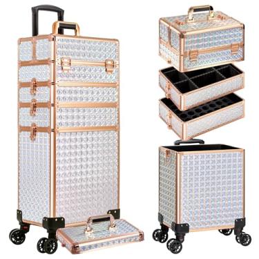 Imagem de AROUS Estojo de maquiagem 5 em 1 para cosmetologia com rodinhas grande organizador de cosméticos carrinho de viagem para cabeleireiro, artista, salão de beleza, barbeiro, branco