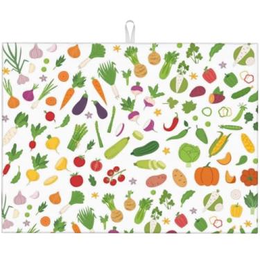 Imagem de Vodbne Tapete de secagem de pratos de cozinha com tema vegetal para balcão, tapete de drenagem de pratos microfibra absorvente reutilizável lavável extra grande 45,7 cm x 61 cm (vegetal, 45,7 cm x 61
