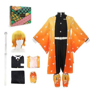 Imagem de Kahopy Fantasia de cosplay de anime Tanjiro Zenitsu Shinobu Giyu Mitsuri conjunto com brincos de peruca uniforme para Halloween (Zen-GG)