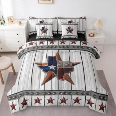Imagem de Erosebridal Jogo de cama King com estrela do oeste do Texas – Conjunto de cama com bandeira americana do oeste em uma bolsa, conjunto de edredom rústico de casa de fazenda com lençóis, prancha de