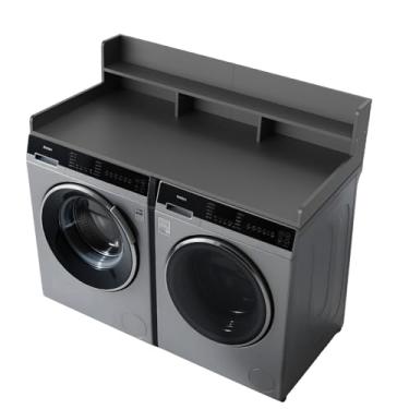 Imagem de FAHKNS Bancada de lavadora e secadora de 2 camadas - Topper de lavanderia de madeira maciça com tapete antiderrapante, 137 cm de largura à prova d'água, organização de lavanderia, ilumina e economiza