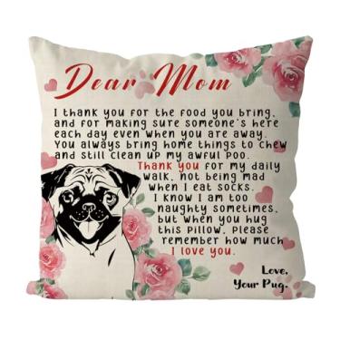 Imagem de Tian Zhun Capas de almofada Pug Mom Gifts 45 x 45 cm Best Pug Mom Fronha para amantes de pug presentes para casa de fazenda, capas de almofada de sofá para decoração de sofá de casa