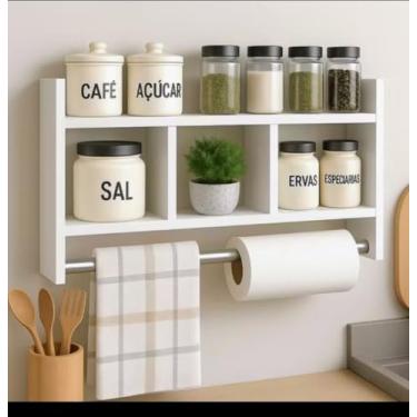 Imagem de Nincho Prateleira Organizadora de Parede para Cozinha, Branca, com Porta Papel Toalha e Porta Condimentos, 3 Compartimentos
