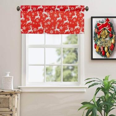 Imagem de Ladity Saia de floco de neve e veado para janelas 1 conjunto de painel com bolso de haste, sanefas de cozinha, decoração de férias, tratamento de janela para sala de estar e quarto, saia de cortina