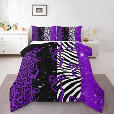 Imagem de Conjunto de edredom com laço para todas as estações, estampa de leopardo, com 1 fronha, linda, princesa, microfibra, roupa de cama solteiro, roxo, preto, moderno, para decoração de quarto, edredom