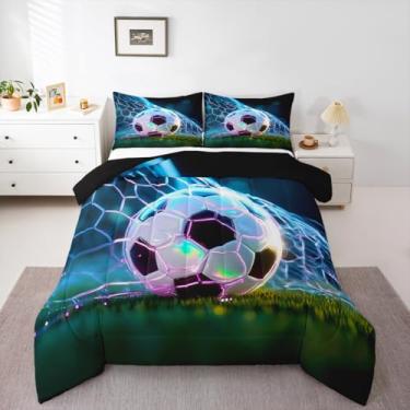 Imagem de Feelyou Jogo de cama solteiro com tema esportivo de futebol americano, para crianças, meninos, meninas, preto, verde e branco, edredom de microfibra, 2 peças com 1 fronha