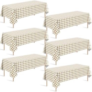 Imagem de Hallswl 6 toalhas de mesa Khkai guingão, toalhas de mesa xadrez marrom bege búfalo xadrez descartáveis de plástico para decoração de aniversário, chá de bebê, casamento, festa de aniversário, 137 x