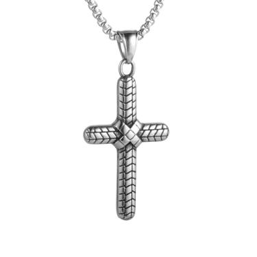 Imagem de Colar com pingente de cruz masculino e feminino, material de aço inoxidável 316L, corrente quadrada de pérola de aço inoxidável prata, joia de amuleto vintage