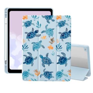 Imagem de Capa de tartaruga marinha para iPad mini 7 (A17 Pro) 2024/iPad Mini 6 2021 de 8,3 polegadas com porta-lápis, capa dobrável de couro azul com desenho animado, capa traseira transparente para despertar