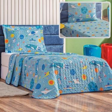 Imagem de Enxoval Kit Colcha + Jogo De Cama Lençol Bouti Solteiro Infantil Kids 4 Peças - Astronauta.