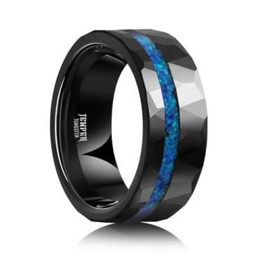 Imagem de JEWPER Anéis de tungstênio para homens e mulheres 8 mm preto moda compromisso aliança de casamento martelado sulco meteorito orbo carboneto chanfrado borda polida ajuste confortável, 7.5, Tungstênio