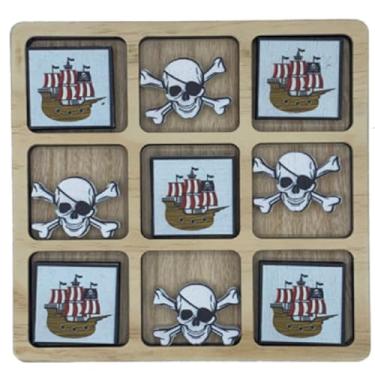 Imagem de Wood Tic Tac Toe 10 Wood Pieces Plus Game Board Skull & Bones/Pirate Ship 11 Inches X 8 Inches X .5 Inches