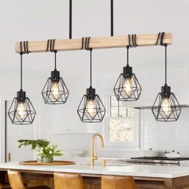 Imagem de TOULMJ Iluminação Para Ilha De Cozinha Com 5 Luzes, Lustre Linear Estilo Fazenda, Luminária De Sala De Jantar Sobre A Mesa, Luminárias Pendentes De Teto De Madeira Com Abajur De Metal