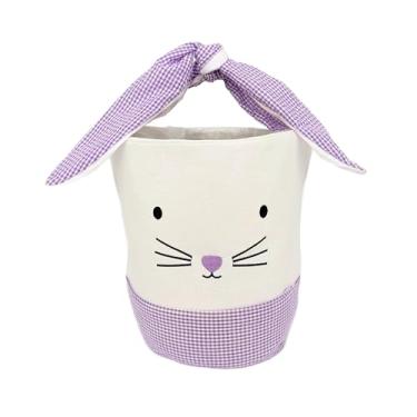 Imagem de Cesta de lona de coelhinho da Páscoa, cesta de ovos de Páscoa, rosto de coelho, branca com padrão guingão, 20 x 25 cm, alça dobrável (roxo)