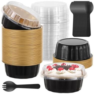Imagem de 50 copos de sobremesa descartáveis de alumínio com tampas e colheres, copos de cozimento de 227 g para muffins, cheesecakes, brownies, mini formas para pudim