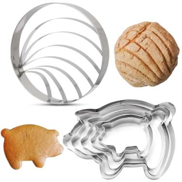Imagem de Rierdge Conjunto de máquina de corte de biscoito – 5 tamanhos de cortador de biscoito de porco e carimbo de concha de 10 cm para pão doce mexicano, molde de aço inoxidável
