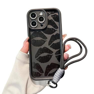 Imagem de FXFOOT Capa de telefone estética preta com impressão labial compatível com iPhone 11 Pro Max, com alça de pulso ajustável antiqueda - proteção total à prova de choque, câmera elevada e protetores de