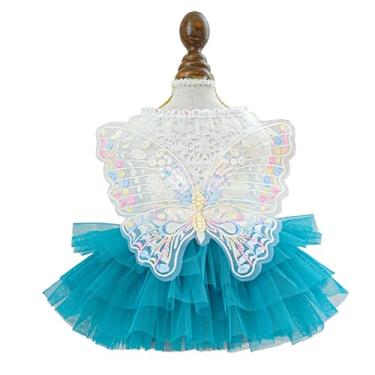 Imagem de Vestido de fada para cães e princesas, com saia de tule azul e asas de borboleta bordadas, top de malha branca com coleira de renda, roupas para animais de estimação para cães pequenos, gatos