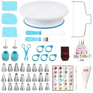 Imagem de ANSLYQA Kit de decoração de bolo com 193 peças com toca-discos de bolo, nivelador de bolo, 24 pontas de cobertura numeradas, 2 espátulas, 2 acopladores, 3 raspadores de pente, 50 sacos de confeitar