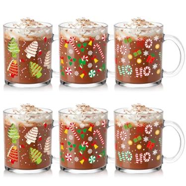 Imagem de Baderke Conjunto de 6 canecas de vidro de Natal 340 g Canecas de café de Natal a granel com alça Xícaras de café de Natal Xícaras de vidro de Natal presentes para mulheres homens férias leite quente