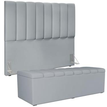 Imagem de Kit Cabeceira Cama Box Casal 140cm Com Calçadeira Recamier Baú Dália W01 Suede Cinza - Lyam Decor