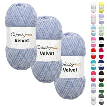 Imagem de HobbyMia Veludo - fio de chenille para crochê - 100 g / 132 jardas - (6) super volumoso - fio fofo para crochê - cobertor de bebê, amigurumi, xale (azul - azul gelo, 3 novelos)