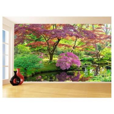 Imagem de Papel De Parede Jardim Rio Flores Lago Árvores 3,5M Jjp52 - Você Decor