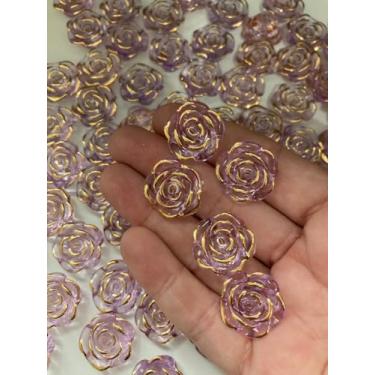 Imagem de Genérico Miçangas Flor Rosa com Borda Dourada, Plástico, 18mm, 25 Unidades, Lilás, para Artesanato