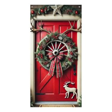 Imagem de BlissYard Capa de porta de guirlanda de Feliz Natal, faixa de porta de feriado de 89 x 188 cm com enfeites de pinha de laço vermelho e flocos de neve para decoração de varanda interna e externa