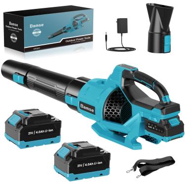 Imagem de Soprador de folhas sem fio 21 V, soprador de folhas de bateria com 2 pilhas e carregador de 4,0 Ah, 3 modos de velocidade, soprador portátil sem fio para cuidados com o gramado, folhas soprando