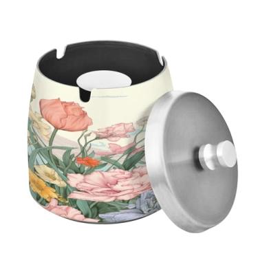 Imagem de Blueangle Cinzeiro floral colorido com tampa para cigarros, à prova de vento/chuva, aço inoxidável, sem fumaça, inodoro, cinzeiro para uso interno ou externo (144)