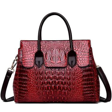 Imagem de Bolsa feminina com alça superior em couro fax em relevo com estampa de crocodilo, Vermelho vinho, Large